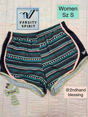 Varsity Spirit Cheer Shorts, Geo Shape Black Teal Pink, Gold Trim, Women Small